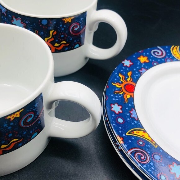 90s SAKURA Stoneware Celestial Cup Saucer Set PAIR Vintage Astral Moon Star Sun - Picture 4 of 10